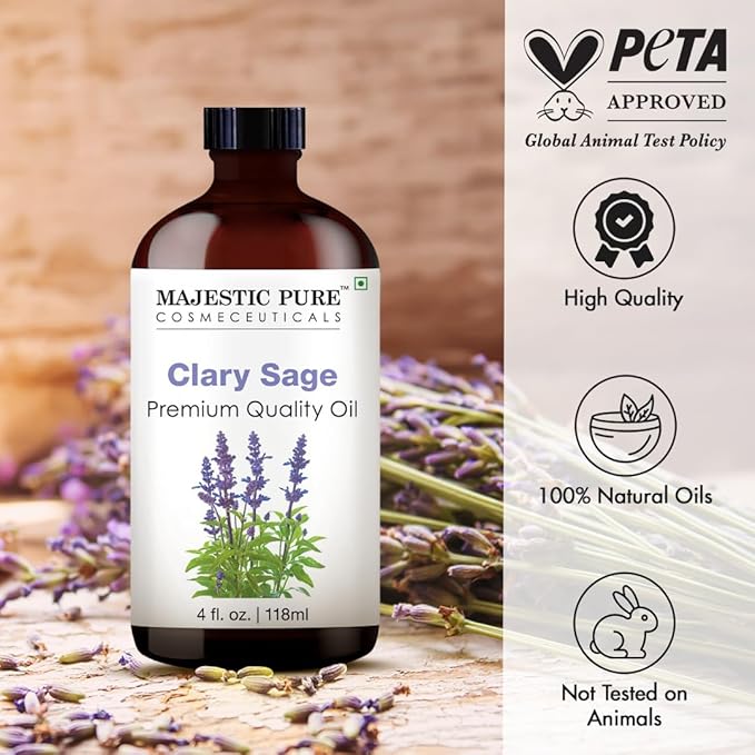 Majestic Pure Essential Oil with Glass Dropper - 100% Pure and Natural - Essential Oils for Diffuser, Aromatherapy, Soap and Candle Making, Clary Sage Essential Oil, Clary Sage Oil, 4 Fl Oz
