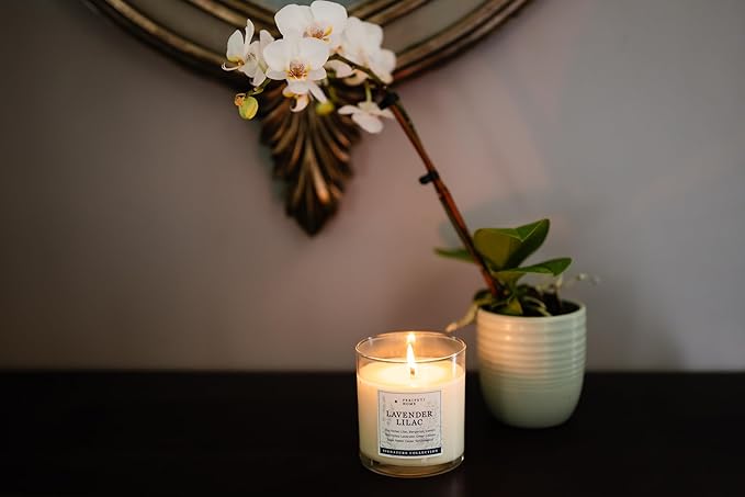 PERIPETI Home Lavender + Lilac Scented Candle - Classic Wick, 8.5oz Natural Soy Wax for Soothing Aromatherapy - Long-Lasting Relaxing Fragrance for Home or Spa