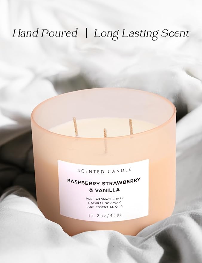 Raspberry Strawberry Vanilla 3-Wick Scented Soy Candle 15.8 oz | Large Sweet Berry Vanilla Scented Candle for Home | Stress Relief & Relaxing Aromatherapy Candle | Strong Throw & Long-Lasting