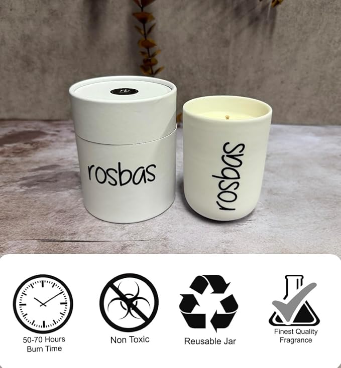 Rosbas Gardenia Scented Candle, Natural Soy Wax, White Ceramic Jar, 8 oz, Cotton Wick, Long Burn, Non-Toxic, Handmade in USA, Gift Box