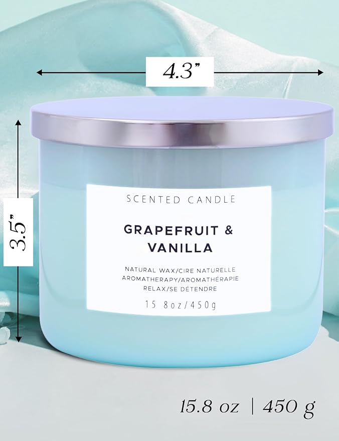 Grapefruit Vanilla 3 Wick Scented Soy Candle, 15.8 oz - Citrus & Vanilla Aromatherapy Stress Relief Candle for Home - Long Lasting Clean Burn, Highly Scented, Strong Throw - Housewarming Gift