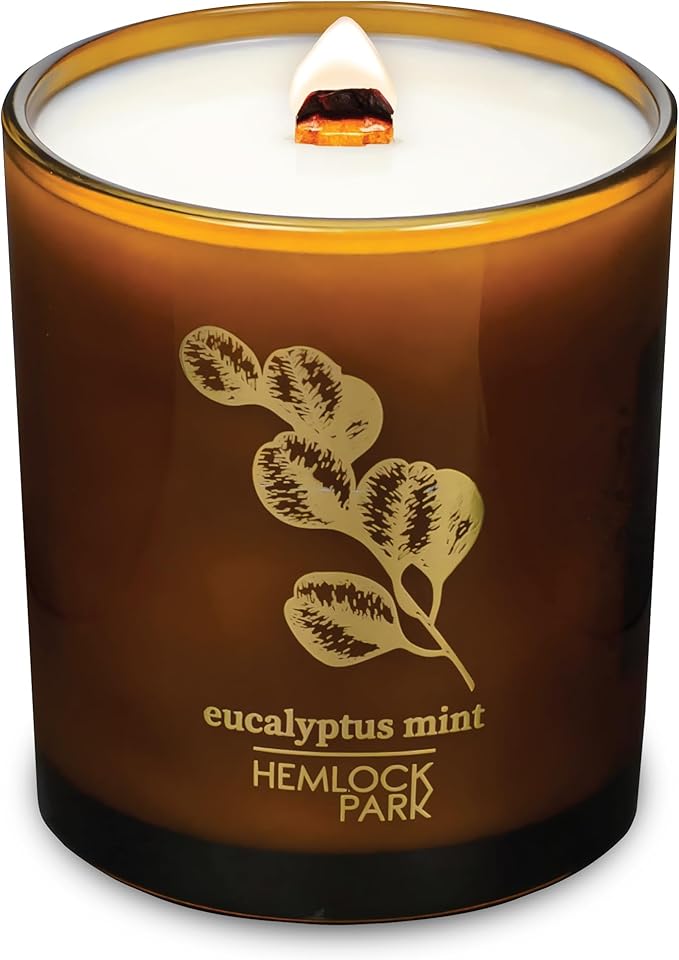 Hemlock Park Amber & Gold Wood Wick Candle Handcrafted with Natural Coconut Wax (Large 14 oz, Eucalyptus Mint)