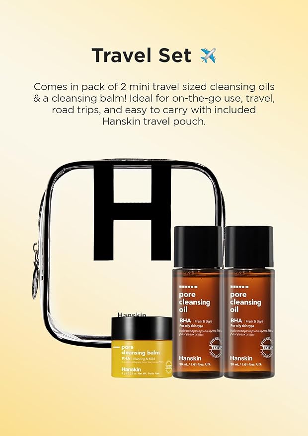 Hanskin BHA Pore Cleansing Oil and PHA Cleansing Balm, Sample Trial Size, Travel Size Mini Makeup Remover Set, Gentle Blackhead Cleanser for Combination and Oily Skin [30 ml/Pack of 2] + [8g/PHA Balm]