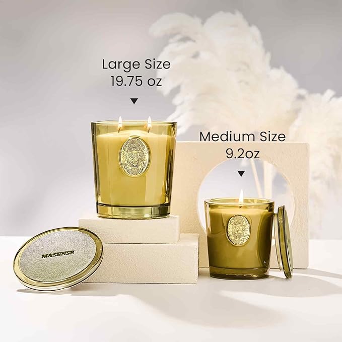 M&SENSE Large Two-Wick Strong Soy Candle | Sandalwood Jasmine & Green | 19.8 oz, 120H Burn Time | Luxury Candle for Relaxation, Gifting, Home Décor | Ideal for Bedroom, Office, Party Ambiance