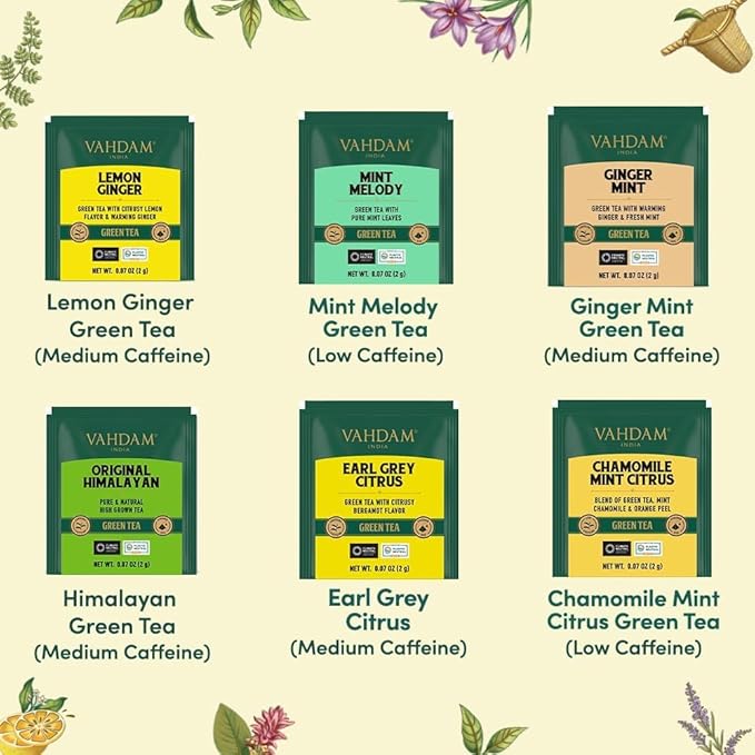 VAHDAM, Green Tea Variety Pack Sampler Assortment (36 Pyramid Tea Bags, 6 Flavor) | Non-GMO Project Verified Himalayan Green Tea with No Artificial Ingredients | Gifts for Women & Men
