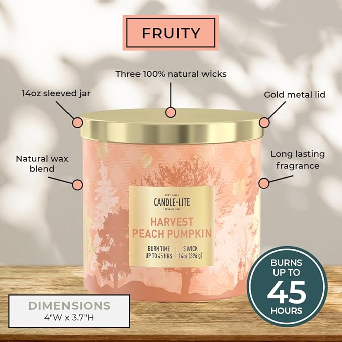 Candle-lite Halloween Scented Candles, Juicy Peaches with BlackBerry & Pumpkin, 14 oz Jar, 45 Hour Burn, Fall Scented Candle for Home Decor, 3-Wick, Proudly Poured in USA, Halloween Candle Decoration