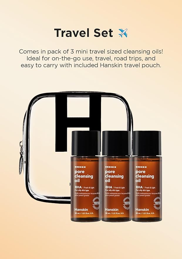 Hanskin BHA Pore Cleansing Oil, Sample Trial Size, Travel Size Mini Makeup Remover Set, Gentle Blackhead Cleanser for Combination and Oily Skin [30 ml/Pack of 3]