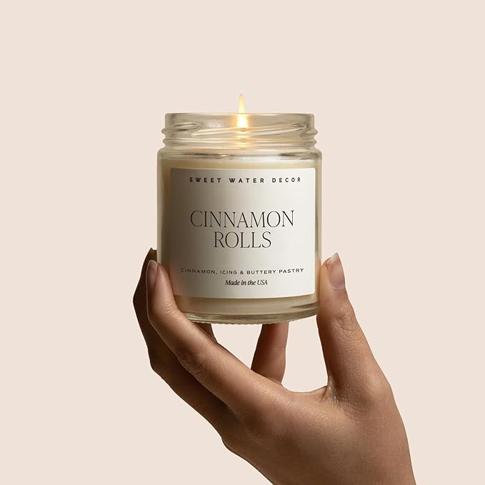 Sweet Water Decor Cinnamon Roll Candle - Fall Scented with Cinnamon, Icing and Buttery Pastry for Home - Autumn Soy Candle with 40 Hours Burn Time - 9Oz Gold Lid Clear Jar Cozy Scents