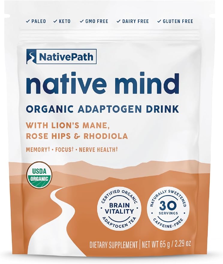 NativePath Native Mind Organic Adaptogen Herbal Support Blend - Organic Mushroom Drink Powder with Lion's Mane, Rhodiola & Rose HIPS - 30 Servings
