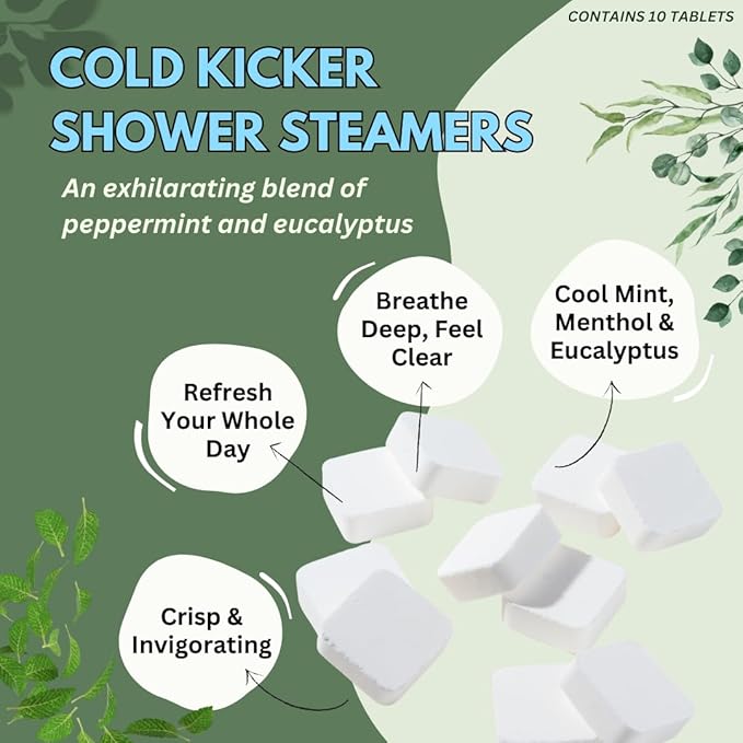 Cold Kicker Shower Steamers Aromatherapy - Adult Stocking Stuffer Christmas Gift - USA Made - Peppermint & Eucalyptus Shower Bomb Tablets - Soothing Natural Essential Oils (10 Pack)
