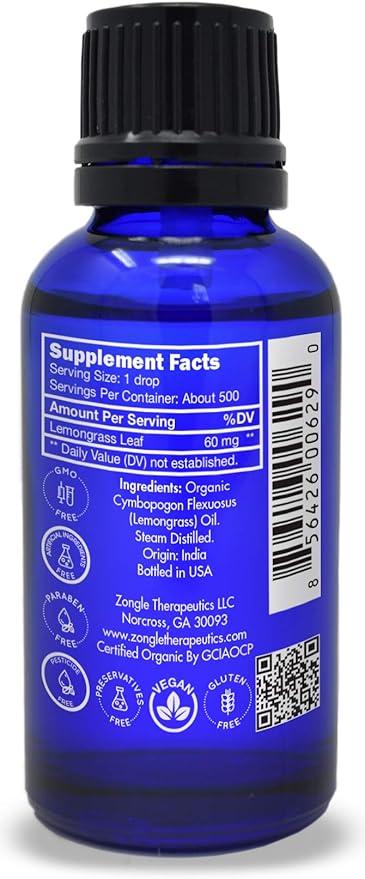 Organic, Lemongrass Essential Oil, Food Grade, Edible – 100% Pure, Lemongrass Oil, by Zongle Therapeutics, 1 OZ