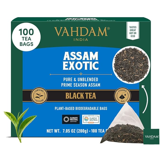 VAHDAM, Assam Exotic Black Tea Bags (100 Count) High Caffeine, Gluten Free, Full Bodied | Pyramid Tea Bags | Strong, Robust & Flavoury | Direct from Source