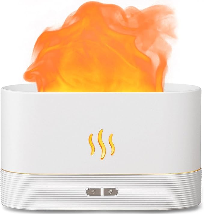 Essential Oil Diffuser Humidifer with Flame Light Effect, 180ml Air Diffuser for Essential Oils, Humidifiers for Bedroom with 2 Brightness, Auto-Off Function(White)
