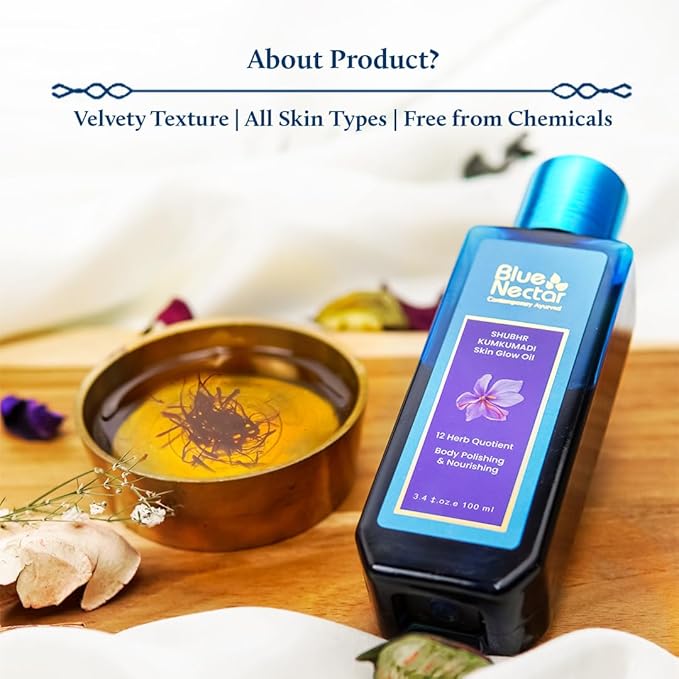 Blue Nectar Kumkumadi Body Oil for Glowing Skin | Moisturizing Oil for Dry Skin with Relaxing Aroma | Plant Based Body Oil for Women & Men (12 Herbs, 6.76 fl oz)