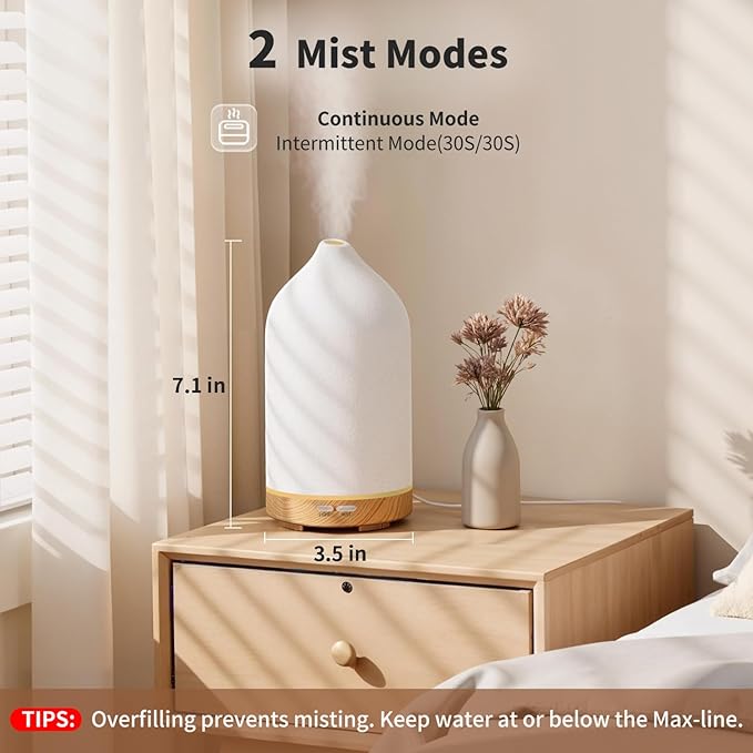 URPOWER 120ML Ceramic Essential Oil Diffuser Ultrasonic Aromatherapy Diffuser with Wood Grain Base, 7-Color LED Lights Auto Shut-Off, Humidifier for Home & Office, Air Diffuser for Relaxation