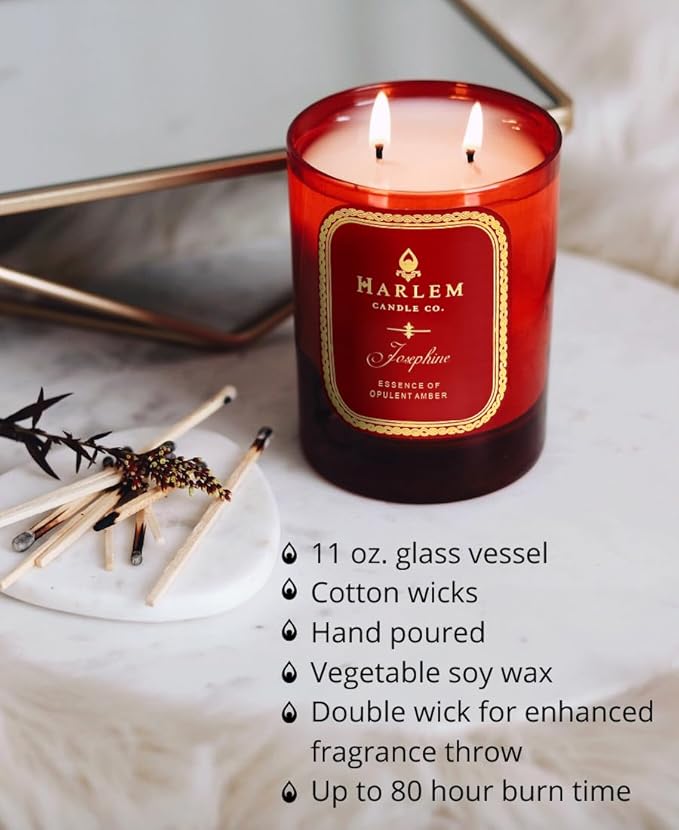 HARLEM CANDLE CO. Josephine - Luxury Scented Soy Candle, 11 oz - 80-Hour Burn Time | Rose, Jasmine, Warm Amber, Tonka Bean, and Sandalwood | Scented Candles for Home