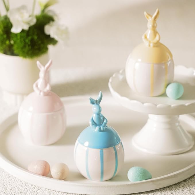 Easter Bunny Candle with Egg Jar and Lid, Easter Decorations Cute Rabbit Aromatherapy, Ceramic Egg Candles for Spring Home Decor, Long Buring Scented Soy Candle Gift for Friends, Yellow