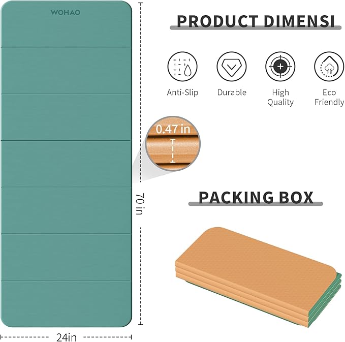 WOHAO 7-Fold Yoga Mat 70"x24" - 1/2 Inch Thick Folding Exercise Mat, Compact Non-Slip TPE Mat for Travel, Storage, Yoga & Home Gym, Lightweight & Portable