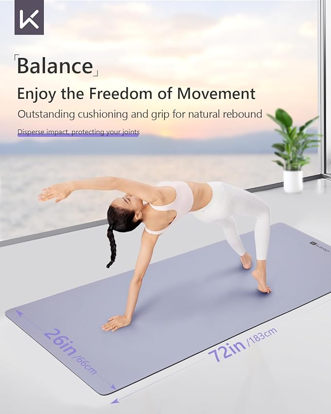 KEEP Rubber Yoga Mat - Professional Sweat Absorbent PU & Natural Rubber. Non Slip Workout Mats for Women & Men, 5mm Thick, 74"x26" Extra Long Wide Pad for Hot Yoga, Pilates, HIIT, Home Gym - Strap Included