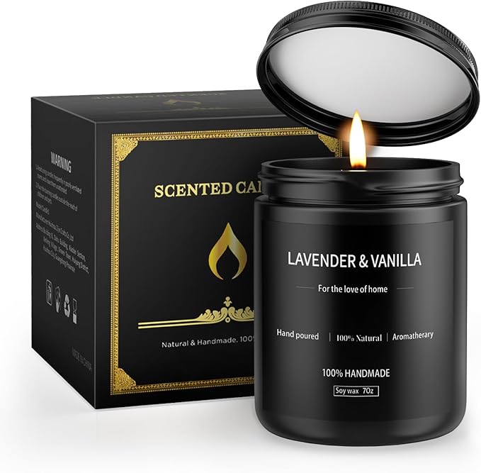 Lavender & Vanilla Candle 7oz, Scented Candles for Men&Women, Long Lasting Soy Candles for Home Scented, Black Women Mens Candle Gift for Birthday, Annivery, Christmas