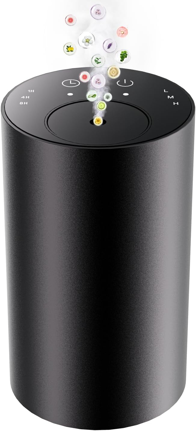 Waterless Essential Oil Diffuser, Portable Aromatherapy Diffuser, Mini Scent Machine, Battery Operated, 1/4/8-Hour Timer, 20ml Capacity, 3 Mist Levels for Home, Car, Room Office,No included oil(Black)