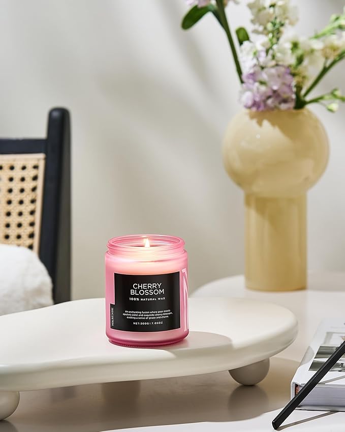 M&SENSE Cherry Blossom Scented Spring Candle, Best Smelling Stress Relief Aromatherapy Candle, 50 Hours 7.05oz Natural Soy Wax Romantic Candle Gifts for Women & Home Decor