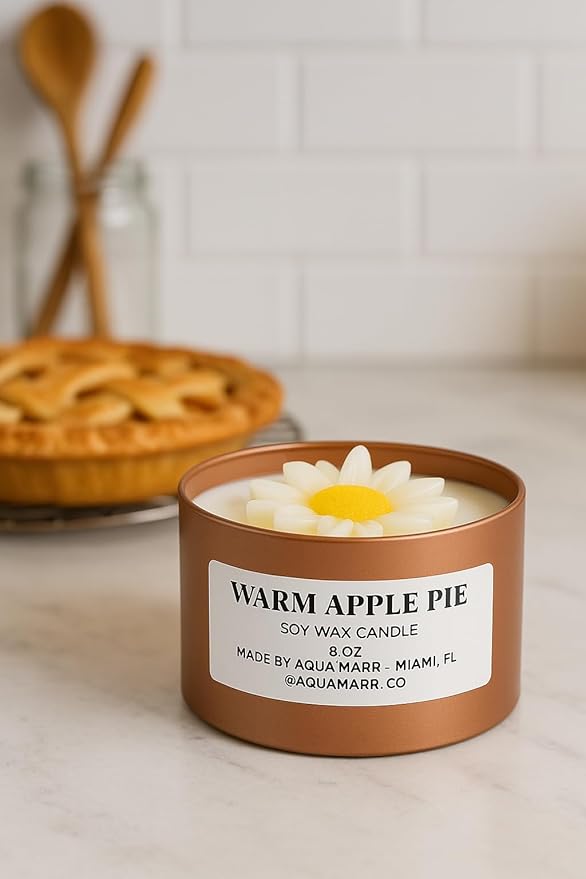 Aqua MARR Handcrafted Warm Apple Pie Soy Wax Candle, 8oz, Gold Metallic Jar with Decorative Top