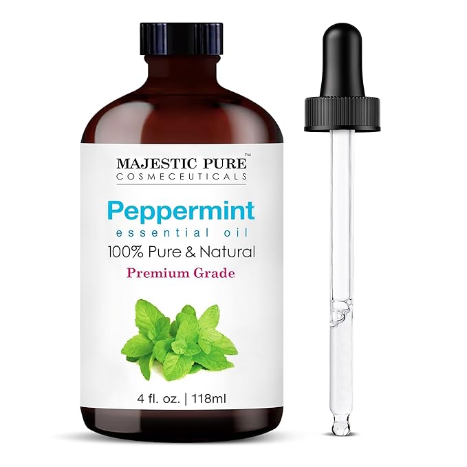 Majestic Pure Essential Oil with Glass Dropper - 100% Pure and Natural - Essential Oils for Diffuser, Aromatherapy, Soap and Candle Making, Peppermint Essential Oil, Peppermint Oil, 4 Fl Oz