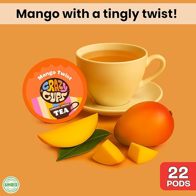 Crazy Cups Mango Twist Herbal Tea Pods, 22 Count | Caffeine Free, Kosher Certified, Fruity Tropical Chamomile Blend with Ginger & Hibiscus, K Cup Compatible, Vegan, Gluten Free Herbal Tea