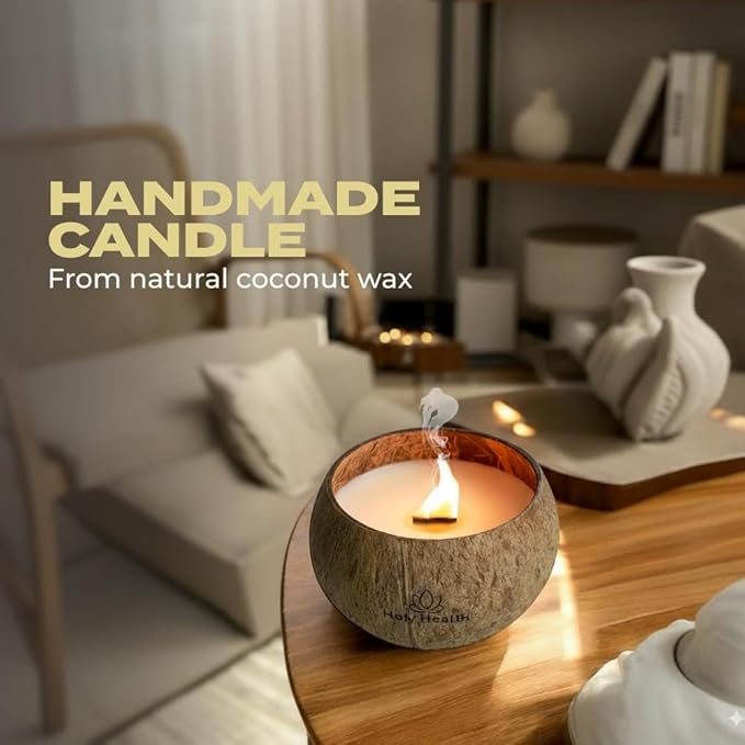 Holy Health® Coconut Scented Candle – Orange – Handmade in Natural Coconut Shell with Natural Wood Wick – Sweet & Energizing Aroma – Real Coconut Wax. Free Holy Health® Totebag.