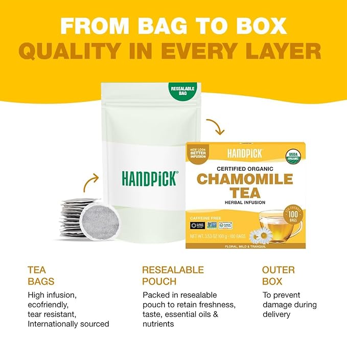 HANDPICK, Organic Chamomile Tea Bags (100 Herbal Tea Bags) Caffeine Free| Premium Floral Chamomile Herbal Tea in Eco-Conscious Teabags | Direct from Source
