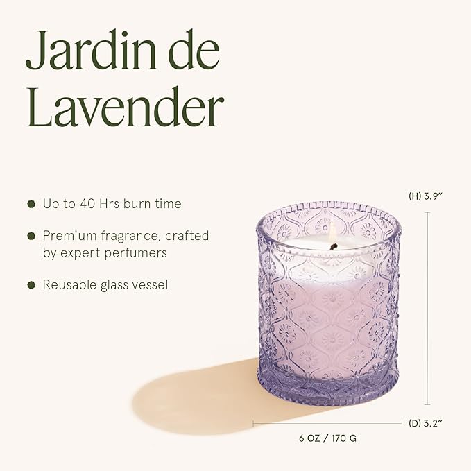 LA JOLIE MUSE Jardin de Lavender Scented Candle - Coconut, Lavender & Sandalwood | 6 oz Natural Soy Wax | 40 Hours Clean Burn | Aromatherapy Candle for Relaxation | Elegant Home Decor
