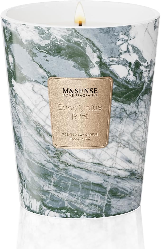 M&SENSE Eucalyptus Mint Scented Soy Candle, 3 Wick Highly Scented 14.1 Oz 80H, Aromatherapy Christmas Gift for Women and Men