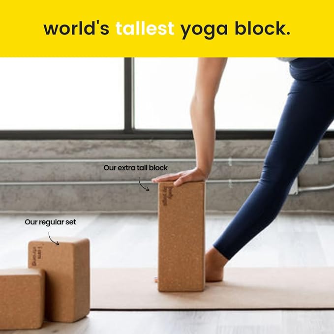 Premium Cork Yoga Blocks - Extra Large Yoga Block 2-Pack or Extra Tall 1-Pack for Inflexible Yogis | Natural, High-Density Cork for Superior Support & Stability | Optional Yoga Strap & Gift Box