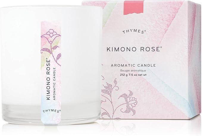Thymes Aromatic Jar Candle - Kimono Rose Scented Candle for a Floral Home Fragrance - Matte White Candles (7.5 oz)