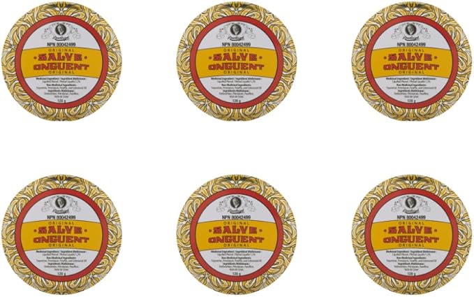 Rawleigh Antiseptic Salve Iconic Yellow Big Tin: 4.5 oz, Multi-Purpose Ointment Soothes Cuts, Bruises, Irritations, with Turpentine, Phenol, Cottonseed Oil & Paraffin, Original Formula - Pack of 6
