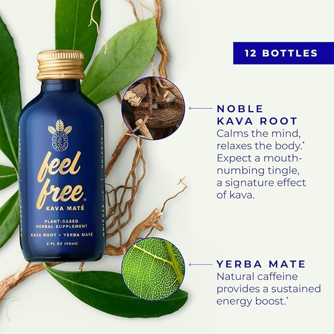Botanic Tonics feel free Kava Mate - Natural Energy with Kava Root and Yerba Mate - Mood Boost & Sustained Energy - Improved Flavor - Pack of 12 (24 Servings)