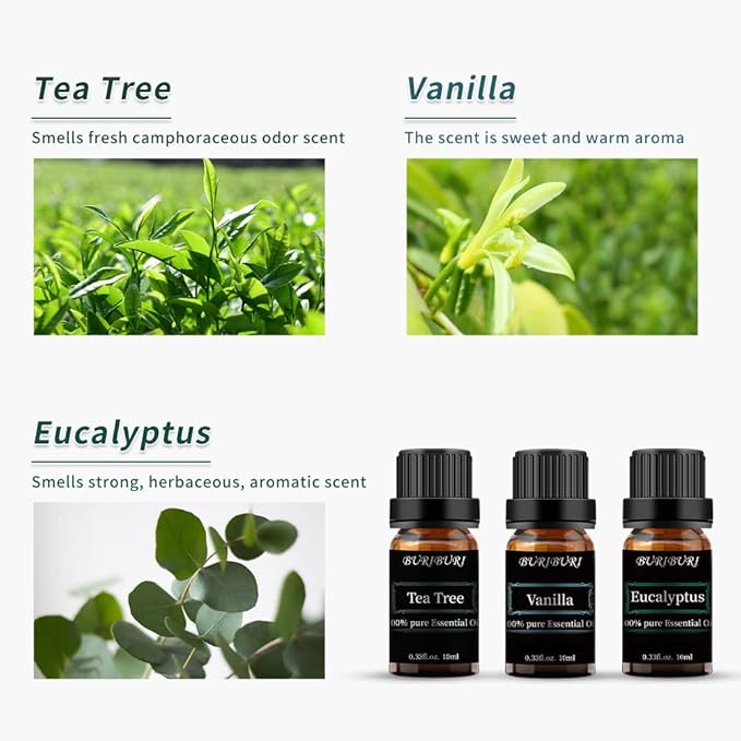 BURIBURI Tea Tree, Eucalyptus and Vanilla Essential Oil Set, 100% Pure 3Pcs Essential Oils Gift Set for Diffusers