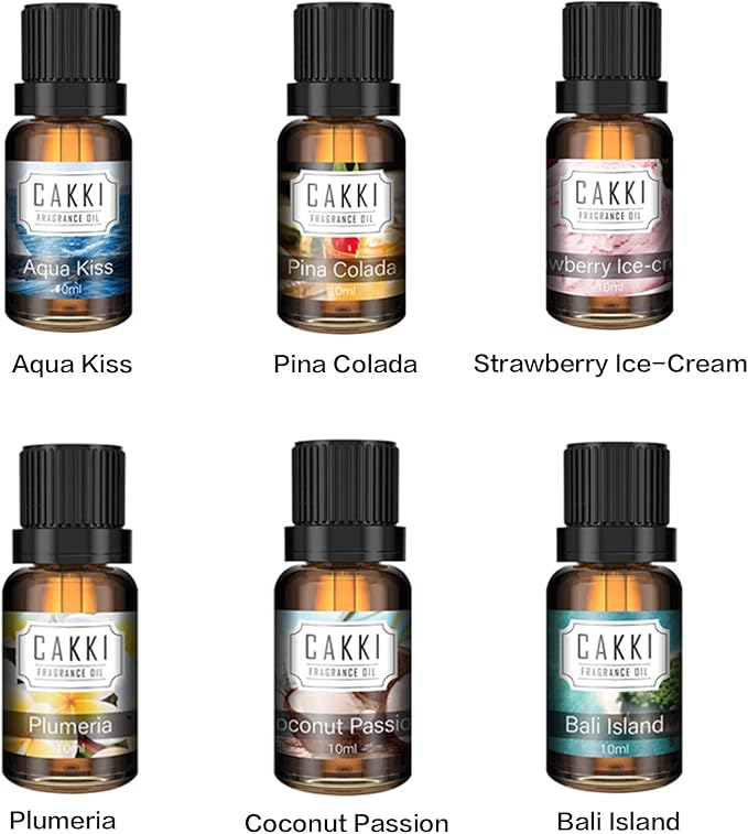 Summer Essential Oils for Diffusers for Home, CAKKI Fragrance Oils Set, 6X10ml with Coconut Passion, Plumeria, Pina Colada, Aqua Kiss, Bali Island, Strawberry, Aromatherapy Oils, for Candles Making