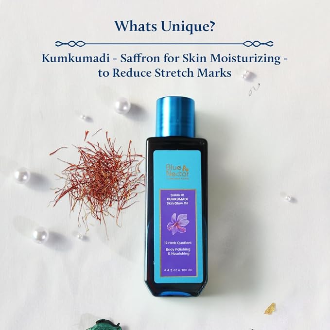 Blue Nectar Kumkumadi Body Oil for Glowing Skin | Moisturizing Oil for Dry Skin with Relaxing Aroma | Plant Based Body Oil for Women & Men (12 Herbs, 6.76 fl oz)
