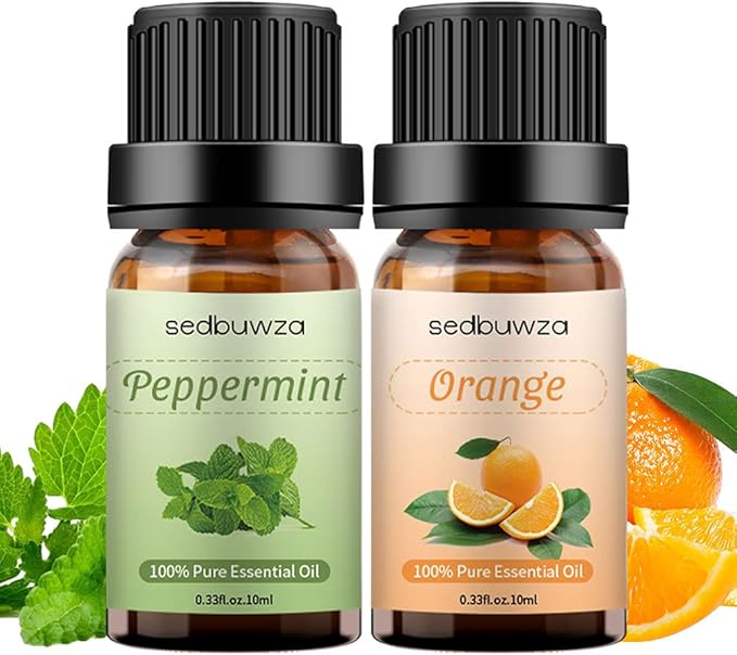 Sedbuwza Peppermint Orange Essential Oil Set, Peppermint Fragrance Oil Orange Scent Oil Set for Diffuser, Aromatherapy, Massage, Soap, Candle Making 2 x 10 ml
