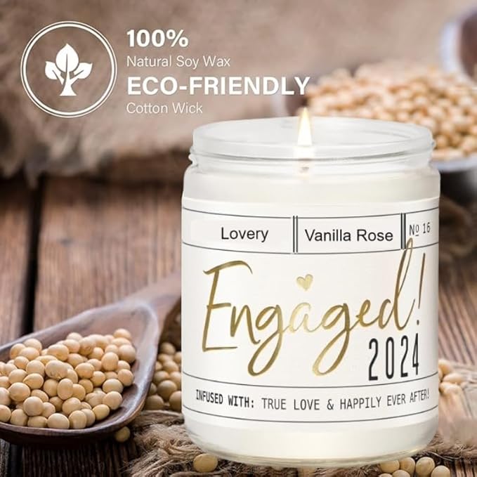 LOVERY Engagement Gift, Vanilla Rose Scented Soy Wax Candle, Engagement Gifts for Couples, Engaged 2024 Candle, Engagement Gifts for Her, Fiancé Gifts for Women, 50Hr Burn, White, Gold