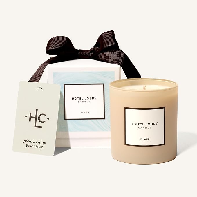 Hotel Lobby Island Candle – Luxury Hand-Poured 9.75oz 100% Soy Wax with Coconut, Vanilla, Rum, Jasmine, and Sandalwood – Paraffin-Free, Infused with Essential Oils, 65-Hour Clean Non-Toxic Burn