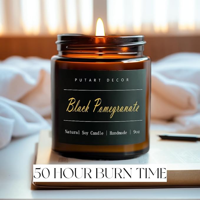 Black Pomegranate Candles for Home Scented，Natural Non Toxic Soy Aromatherapy Candle Gifts for Women & Men, Strong Fragranced & Long Lasting Brown Glass Jar Candles with Essential Oils (9oz)