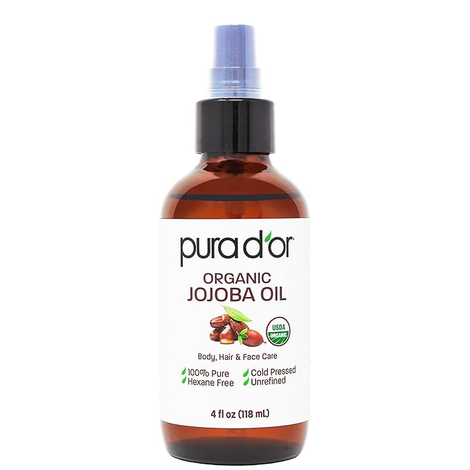PURA D'OR 4 Oz Organic Jojoba Oil - USDA Certified - 100% Pure & Natural Moisturizer - Cold Pressed, Unrefined, Hexane Free Base Carrier Oil For DIY Skin Care, Hair, Face & Nails