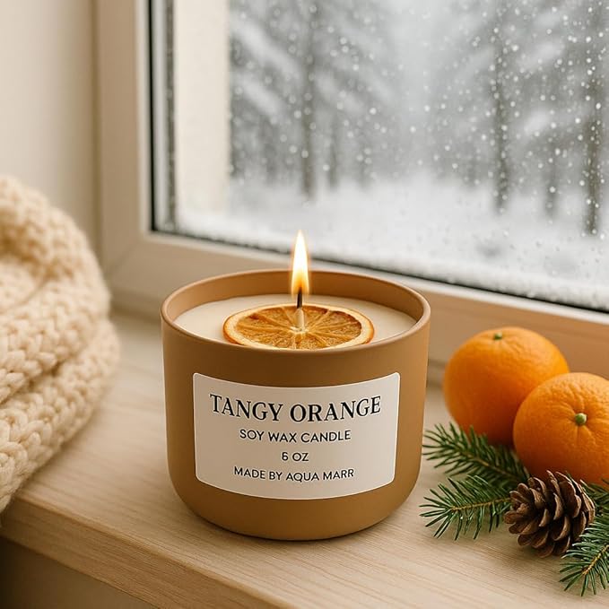 Aqua MARR Tangy Orange Soy Wax Candle, 8 oz, Handmade in Miami with Dried Orange Slice, Gold Metal Container