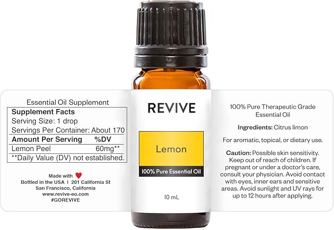 Lemon Essential Oil by Revive Essential Oils - REVIVEEO - 100% Pure Therapeutic Grade, for Diffuser, Humidifier, Massage, Aromatherapy, Skin & Hair Care