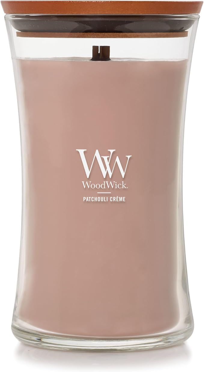 WoodWick Patchouli Crème Gifts for Women and Men, 21.5 oz Large Hourglass Candle with Crackling Wick