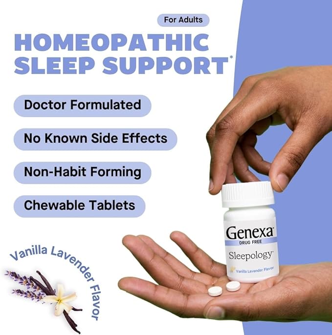 Genexa Sleepology for Adults | Melatonin Free Sleep Calm Aid |Soothing Natural Vanilla & Lavender Flavor | Certified Organic & Non-GMO | Homeopathic Remedy Made Clean | 180 Chewable Tablets (3 Pack)