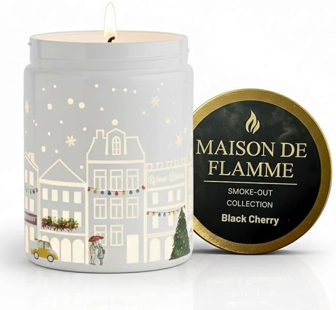 Black Cherry Scented Candle (White Jar), 40-Hour Burn, Dual Light Glow (Flame + LED Artwork), Soy Wax Blend, Holiday Aromatherapy Gift Candle for Bedroom, Bathroom & Home – 7oz (200g)